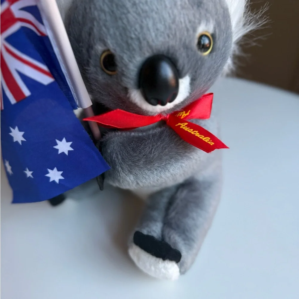 Gray Koala NWT Plush with Red Bow & Flag Top High quality Lifelike Realistic 9”